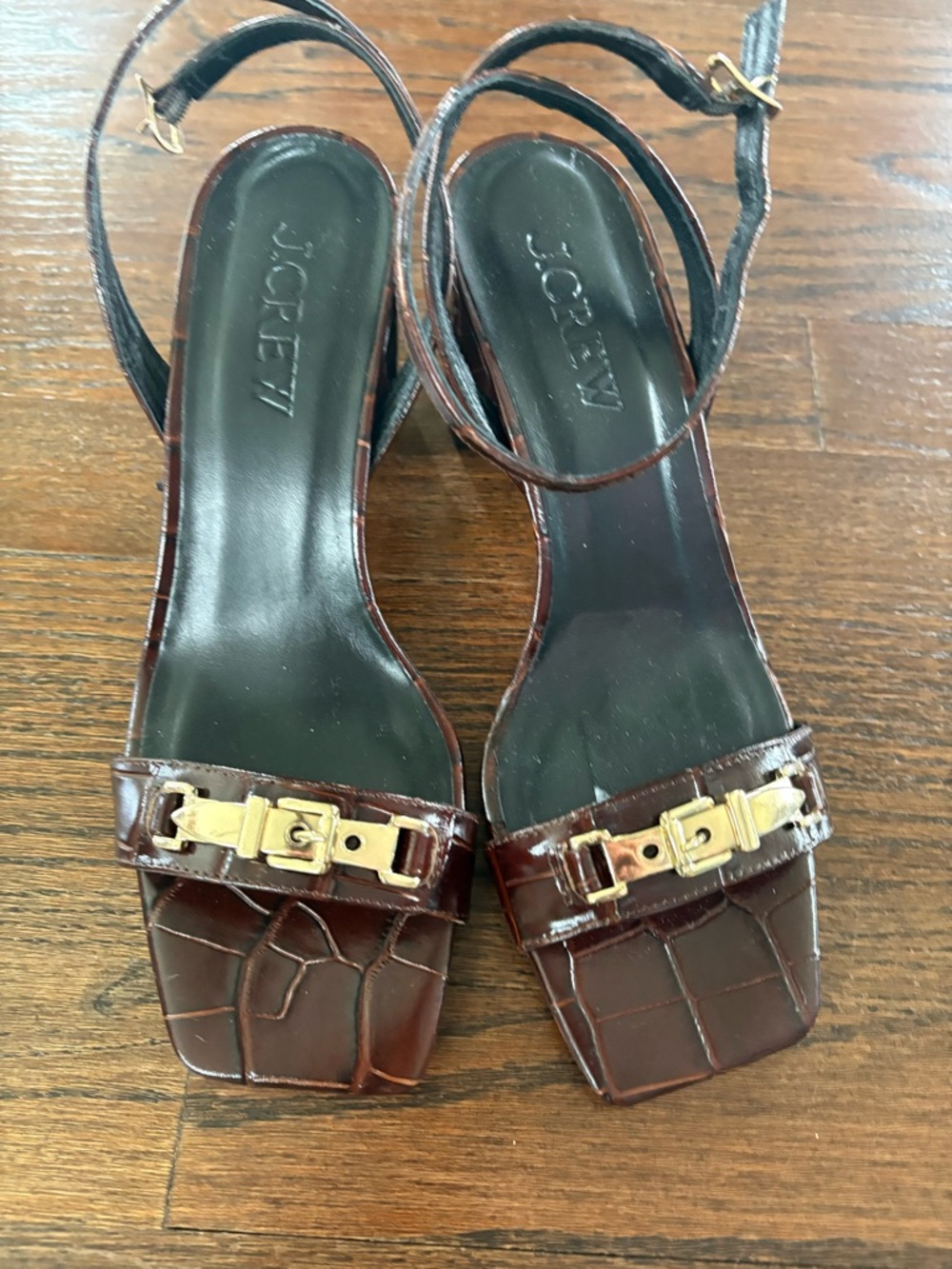 J. Crew Brown Croc-Embossed Leather Gold Buckle Ankle Strap Sandals
